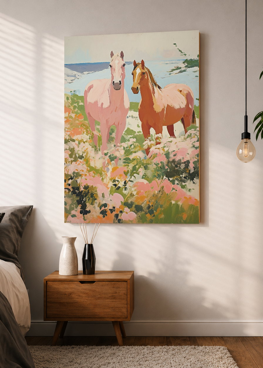 Cuadro Decorativo Mural Sin Marco 5mm - Trendy, Caballos Campo Flores Rosa