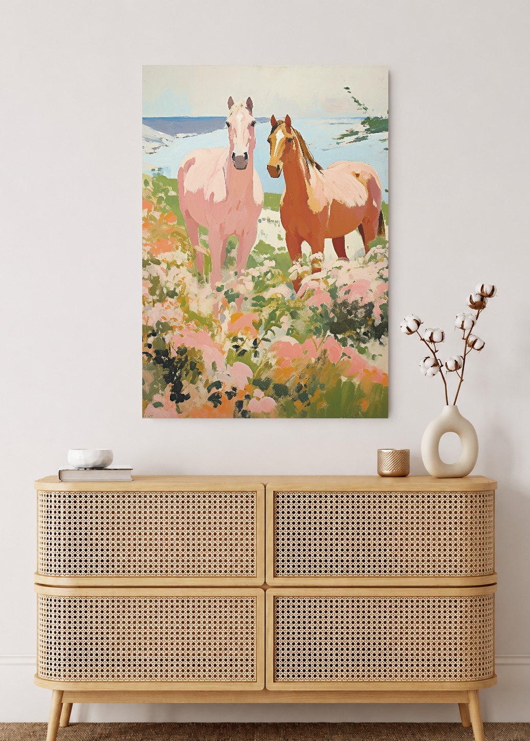 Cuadro Decorativo Mural Sin Marco 5mm - Trendy, Caballos Campo Flores Rosa