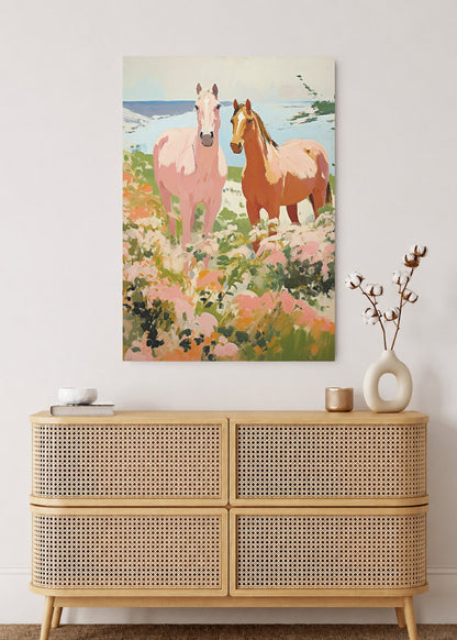 Cuadro Decorativo Mural Sin Marco 5mm - Trendy, Caballos Campo Flores Rosa