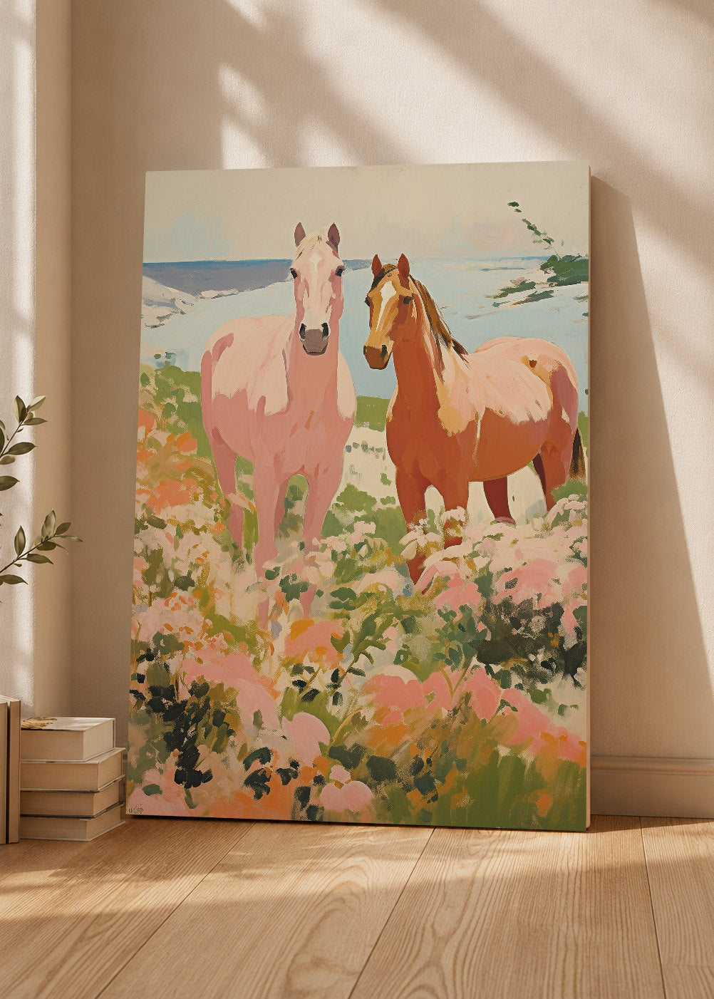 Cuadro Decorativo Mural Sin Marco 5mm - Trendy, Caballos Campo Flores Rosa