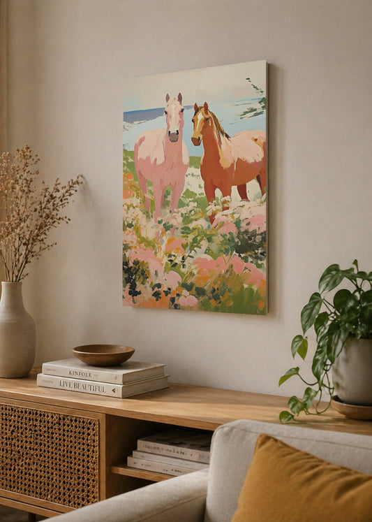 Cuadro Decorativo Mural Sin Marco 5mm - Trendy, Caballos Campo Flores Rosa