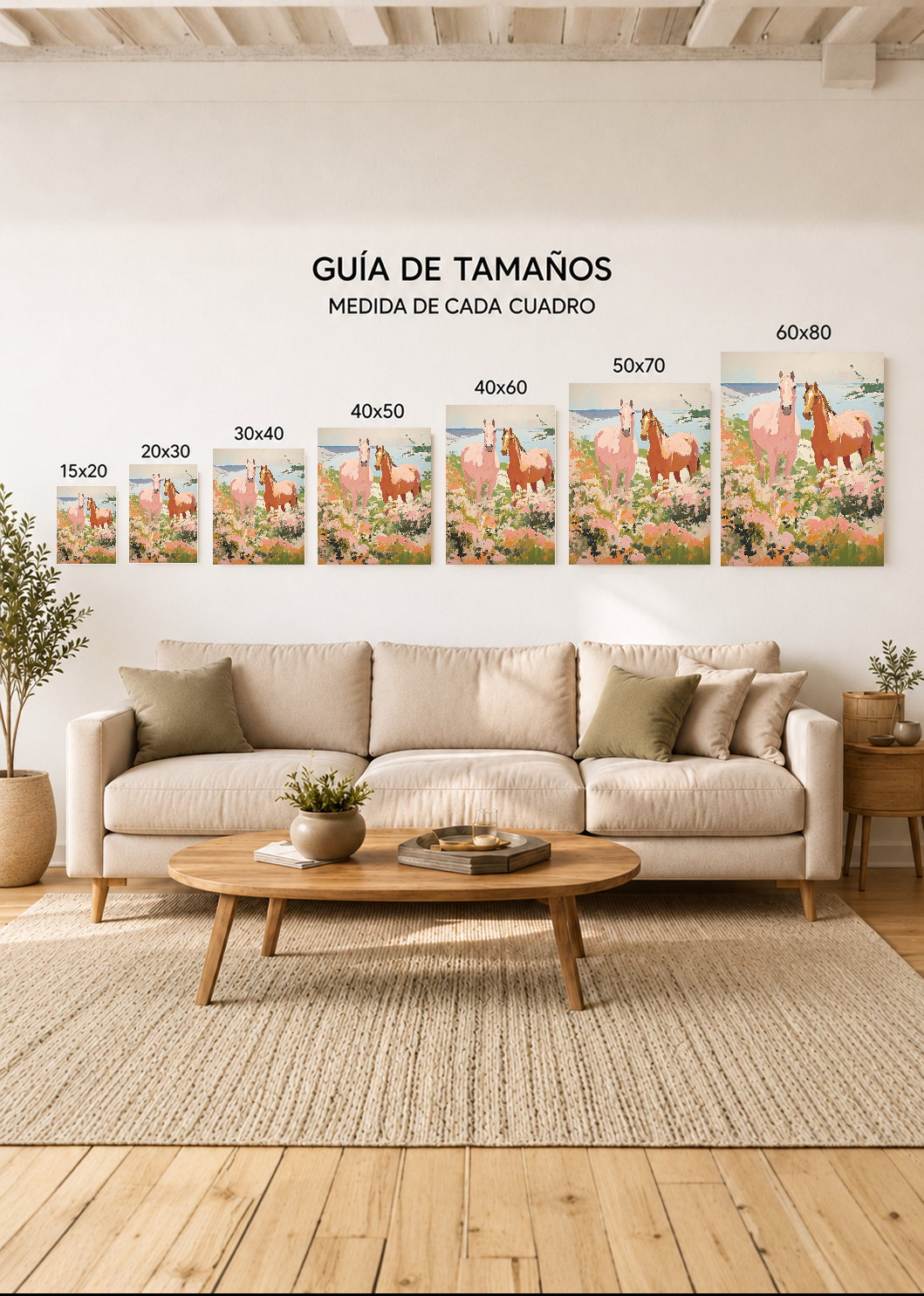 Cuadro Decorativo Mural Sin Marco 5mm - Trendy, Caballos Campo Flores Rosa