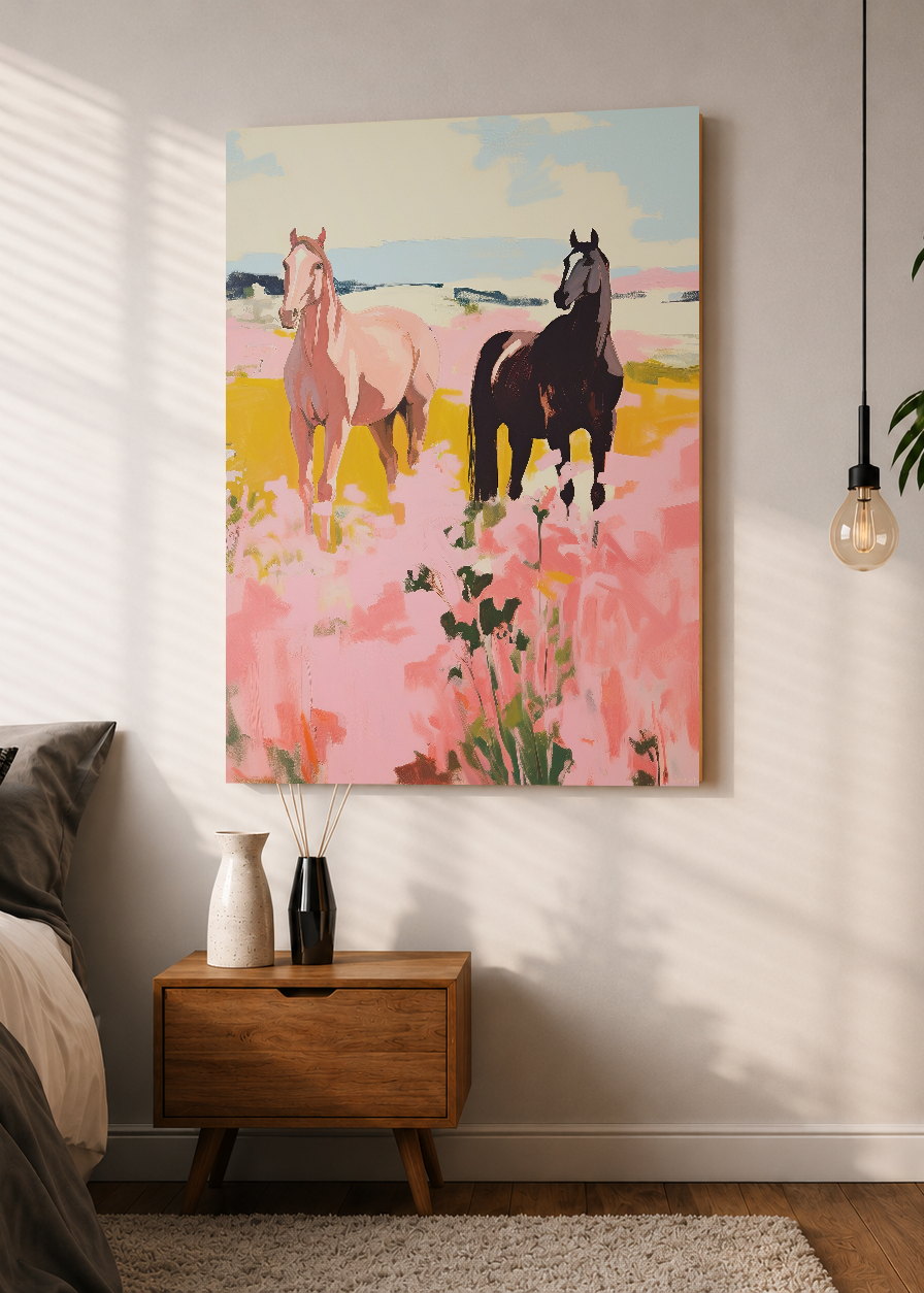 Cuadro Decorativo Mural Sin Marco 5mm - Trendy, Caballos Campo Rosa Pastel