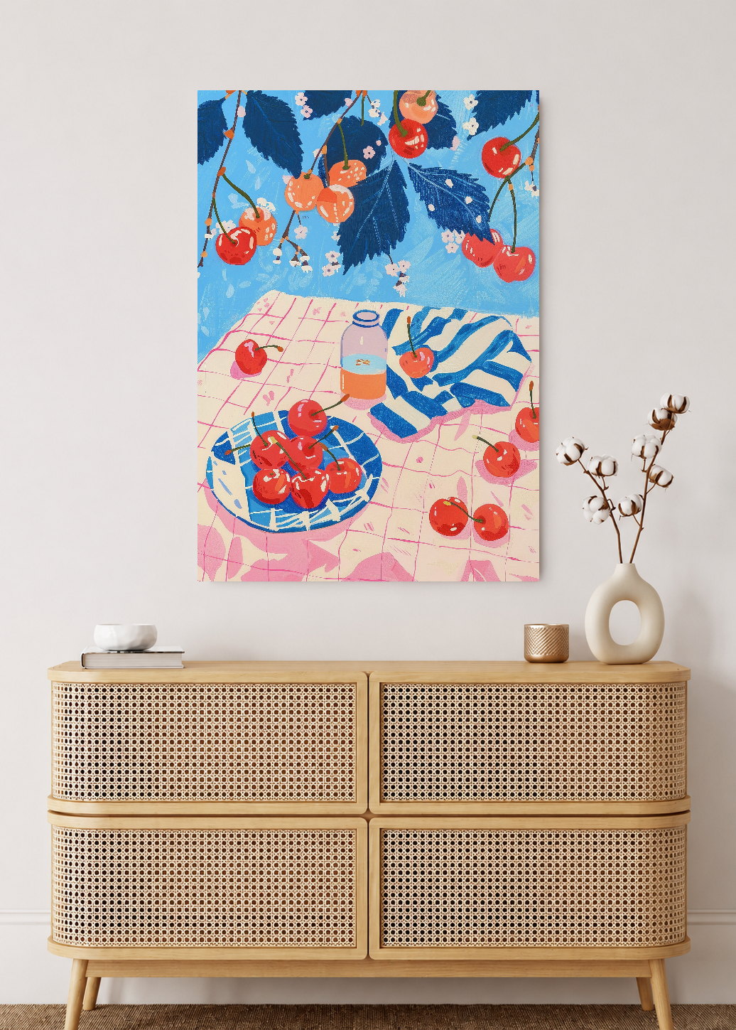 Cuadro Decorativo Mural Sin Marco 5mm - Trendy, Cerezas Mesa Rosa Azul