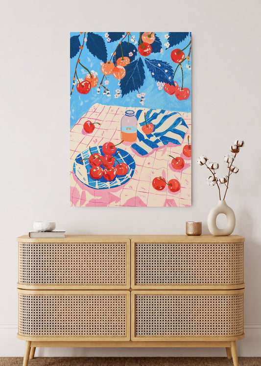 Cuadro Decorativo Mural Sin Marco 5mm - Trendy, Cerezas Mesa Rosa Azul