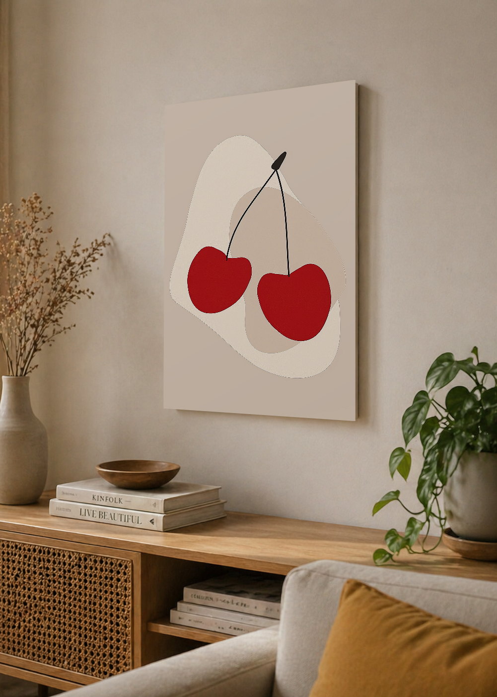 Cuadro Decorativo Mural Sin Marco 5mm - Trendy, Cerezas Rojas Beige Minimal