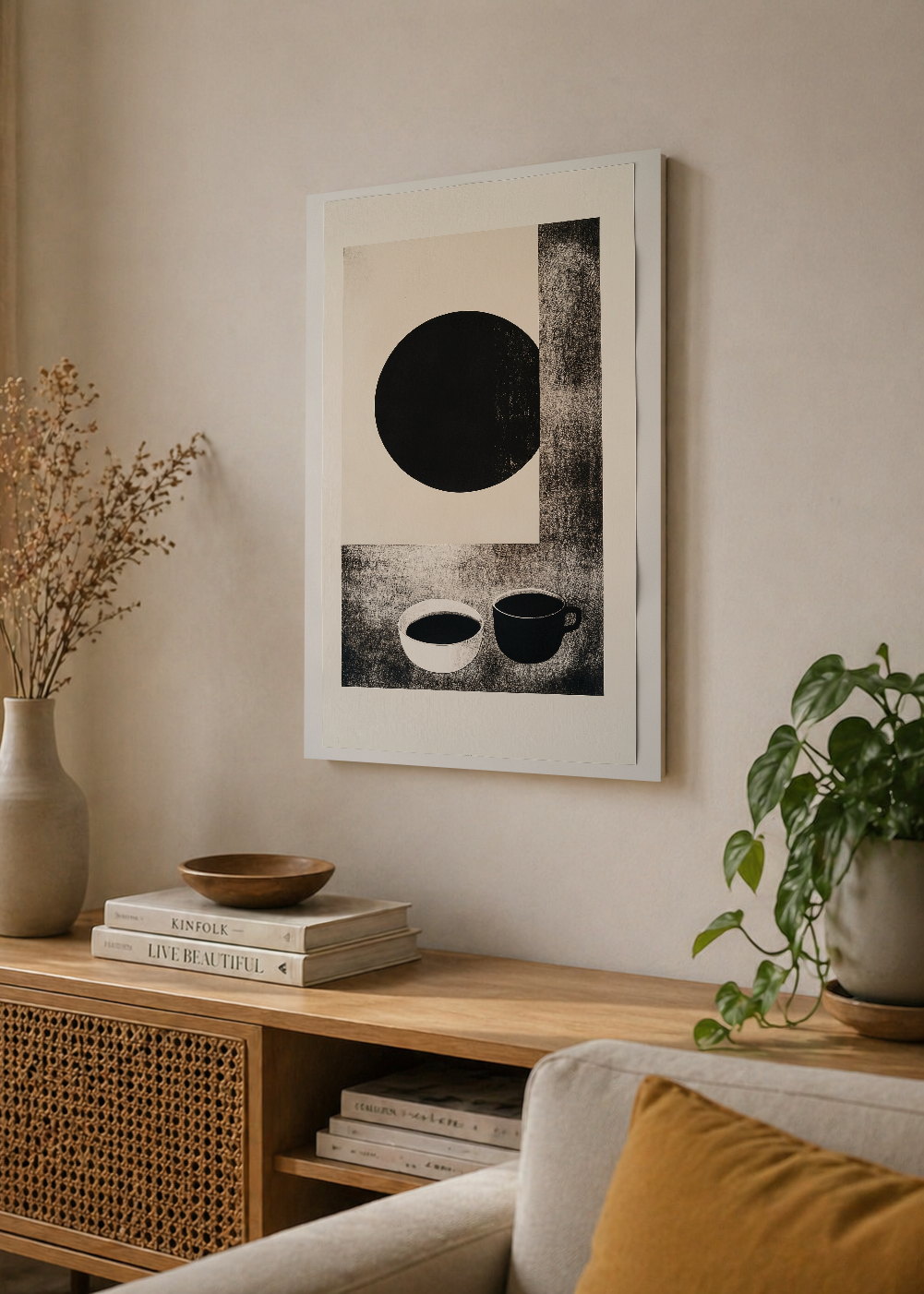 Cuadro Decorativo Mural Sin Marco 5mm - Trendy, Circulo Negro Tazas Minimal