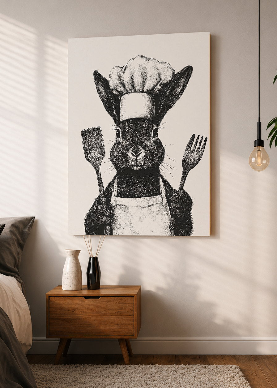 Cuadro Decorativo Mural Sin Marco 5mm - Trendy, Conejo Chef Blanco Negro