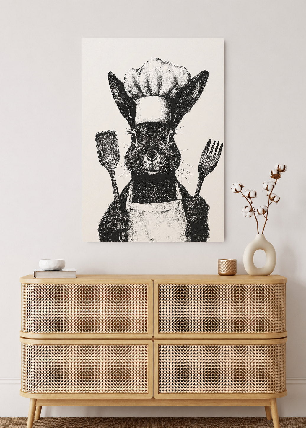 Cuadro Decorativo Mural Sin Marco 5mm - Trendy, Conejo Chef Blanco Negro