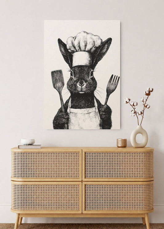Cuadro Decorativo Mural Sin Marco 5mm - Trendy, Conejo Chef Blanco Negro