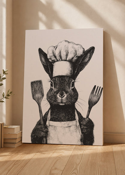 Cuadro Decorativo Mural Sin Marco 5mm - Trendy, Conejo Chef Blanco Negro