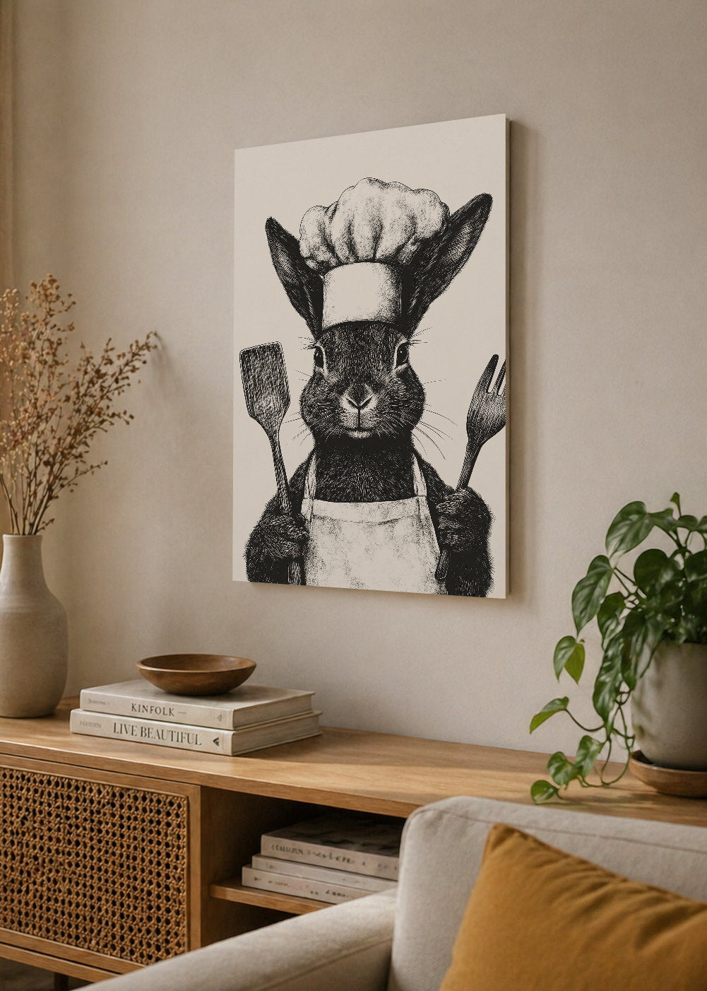 Cuadro Decorativo Mural Sin Marco 5mm - Trendy, Conejo Chef Blanco Negro