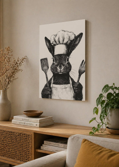 Cuadro Decorativo Mural Sin Marco 5mm - Trendy, Conejo Chef Blanco Negro