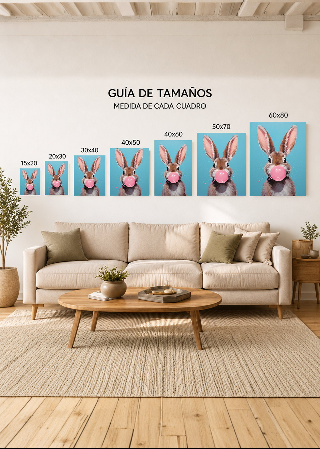 Cuadro Decorativo Mural Sin Marco 5mm - Trendy, Conejo Chicle Rosa Celeste