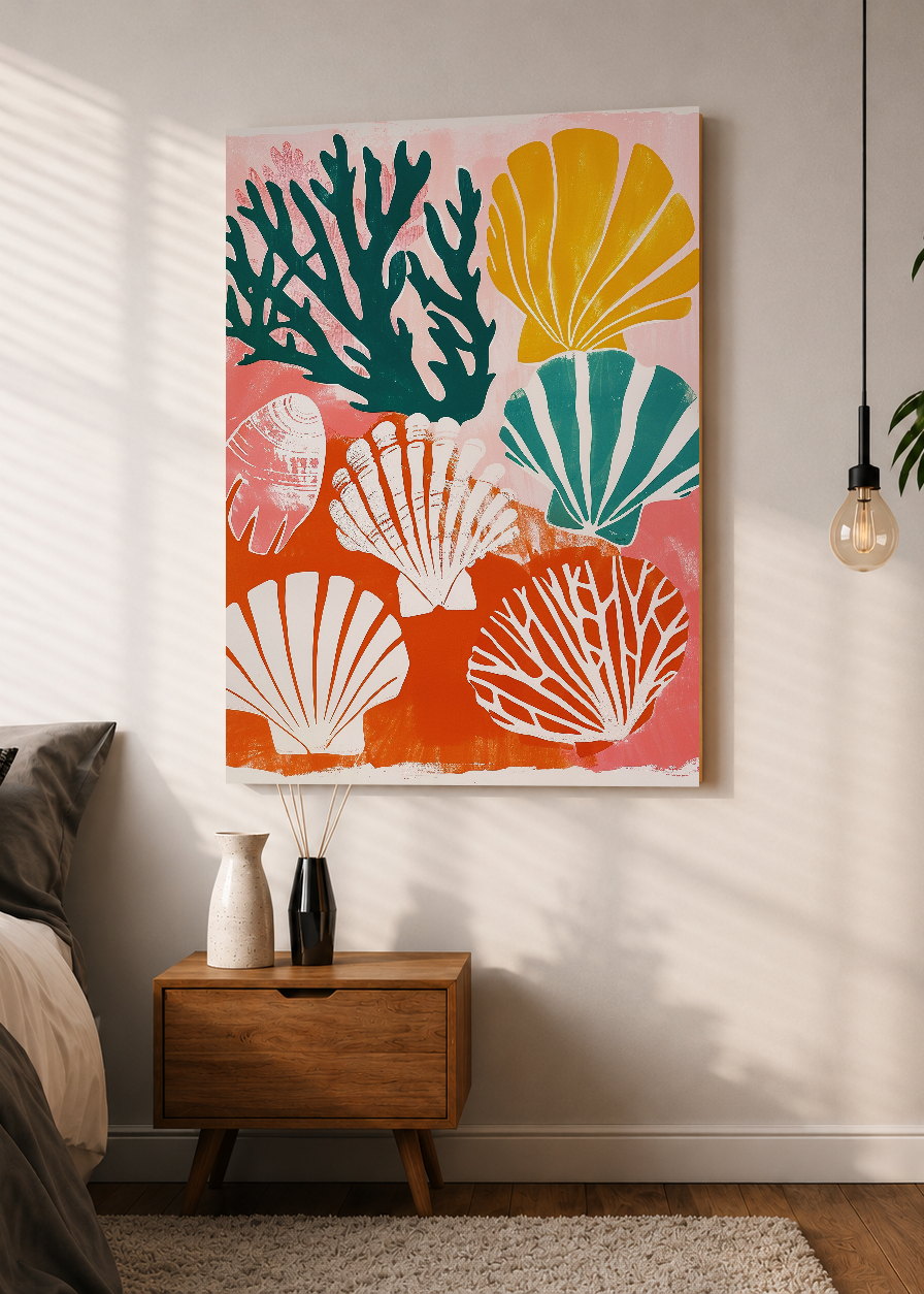 Cuadro Decorativo Mural Sin Marco 5mm - Trendy, Corales Conchas Rosa Naranja
