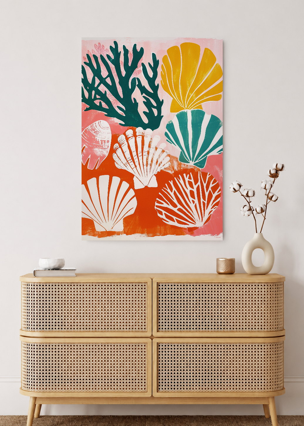 Cuadro Decorativo Mural Sin Marco 5mm - Trendy, Corales Conchas Rosa Naranja