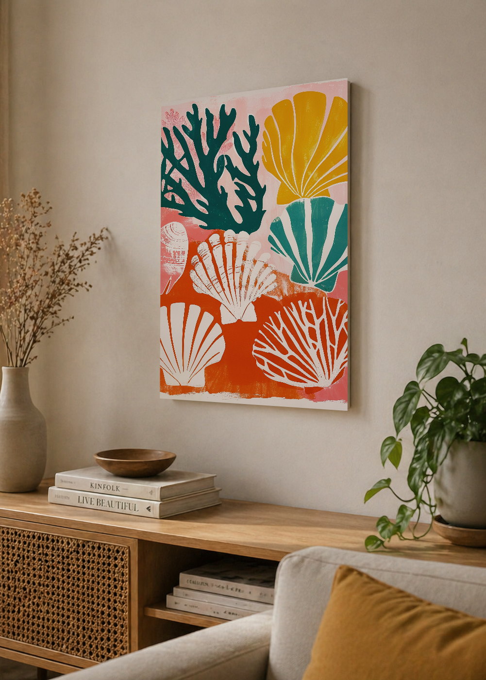 Cuadro Decorativo Mural Sin Marco 5mm - Trendy, Corales Conchas Rosa Naranja