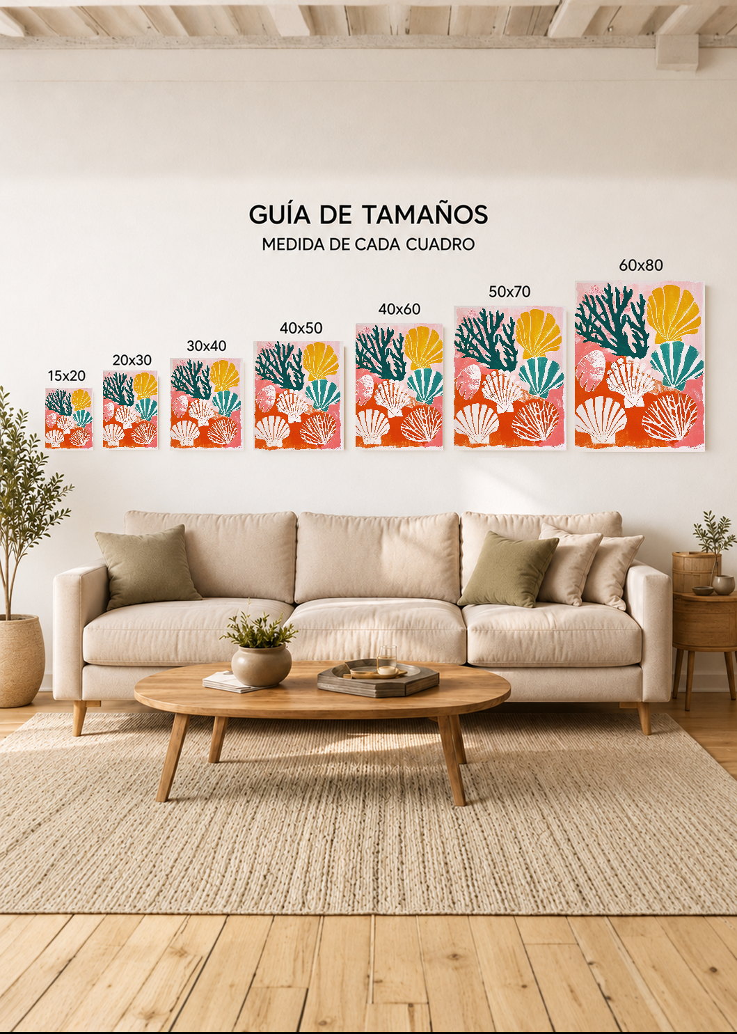 Cuadro Decorativo Mural Sin Marco 5mm - Trendy, Corales Conchas Rosa Naranja