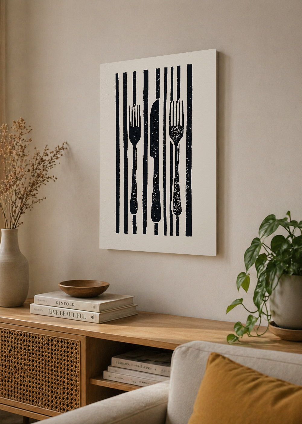 Cuadro Decorativo Mural Sin Marco 5mm - Trendy, Cubiertos Rayas Blanco Negro