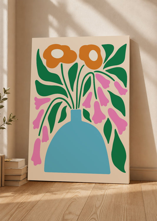 Cuadro Decorativo Mural Sin Marco 5mm - Trendy, Flores Naranja Jarrón Celeste