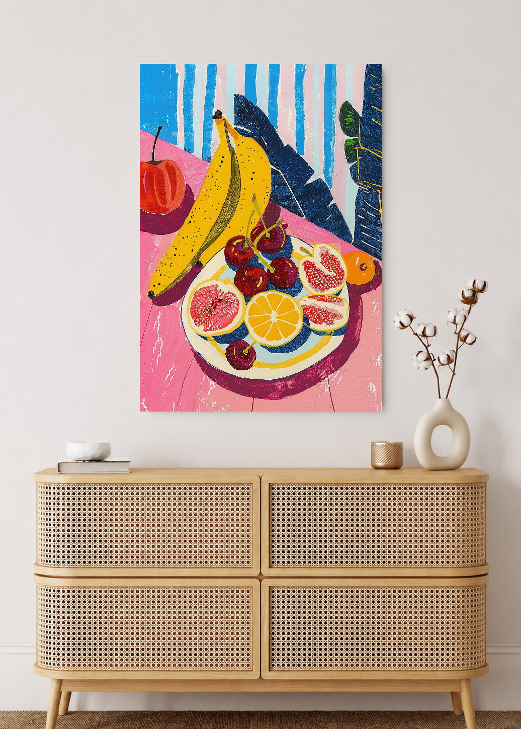 Cuadro Decorativo Mural Sin Marco 5mm - Trendy, Frutas Plato Rayas Azul