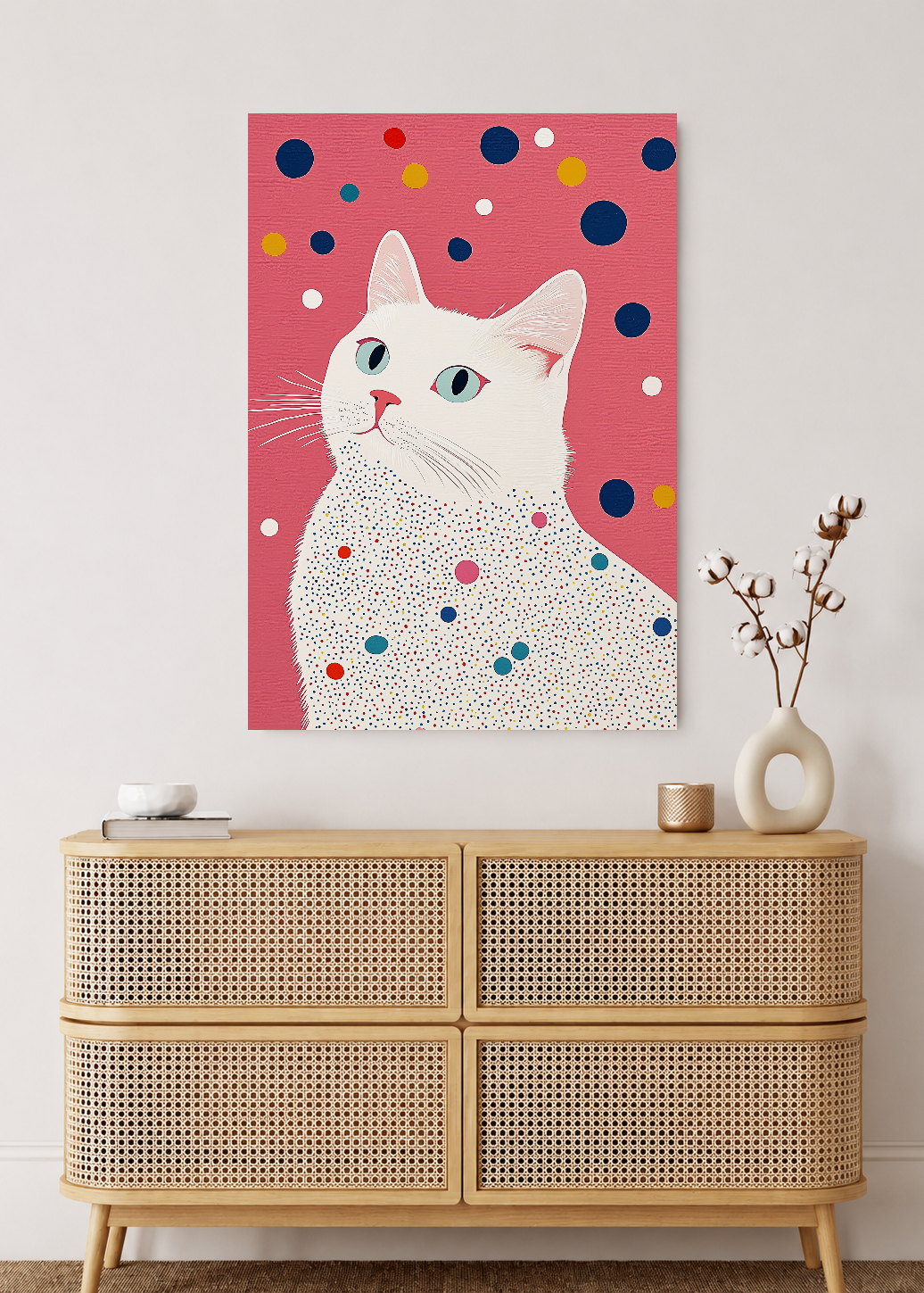 Cuadro Decorativo Mural Sin Marco 5mm - Trendy, Gato Blanco Lunares Rosa