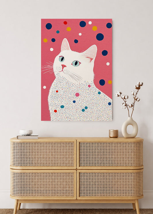 Cuadro Decorativo Mural Sin Marco 5mm - Trendy, Gato Blanco Lunares Rosa