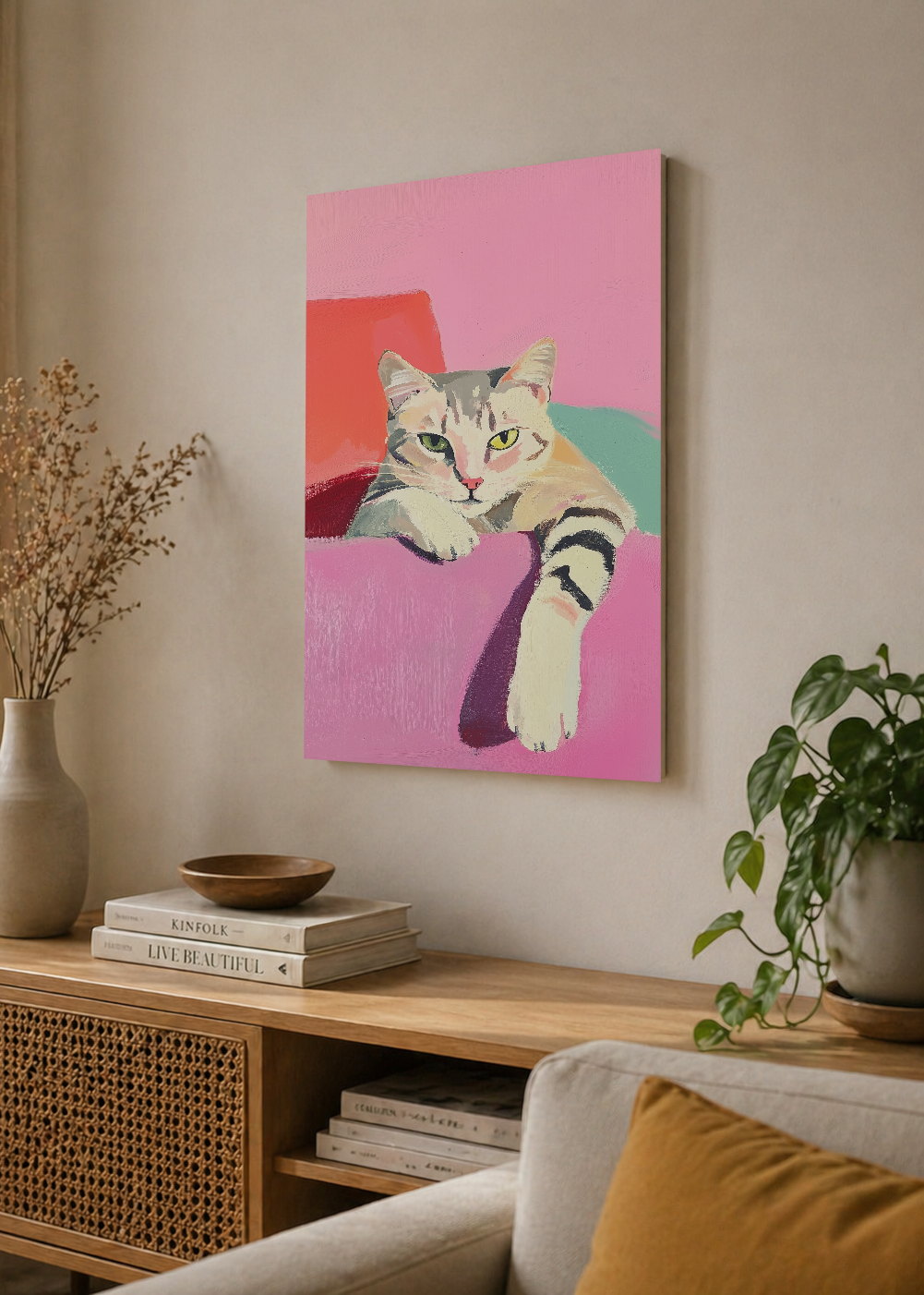 Cuadro Decorativo Mural Sin Marco 5mm - Trendy, Gato Gris Sillon Rosa