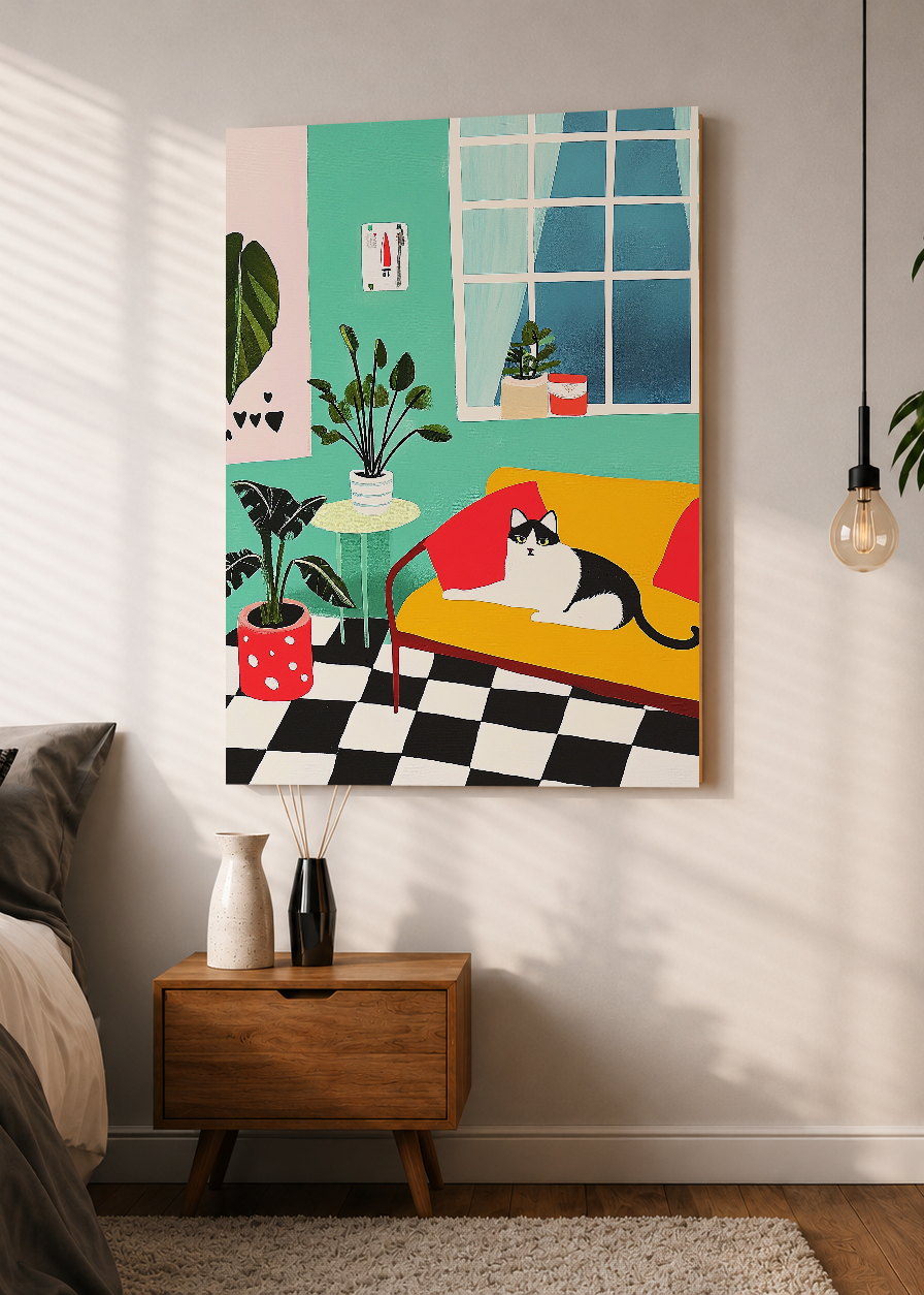 Cuadro Decorativo Mural Sin Marco 5mm - Trendy, Gato Living Damero Menta