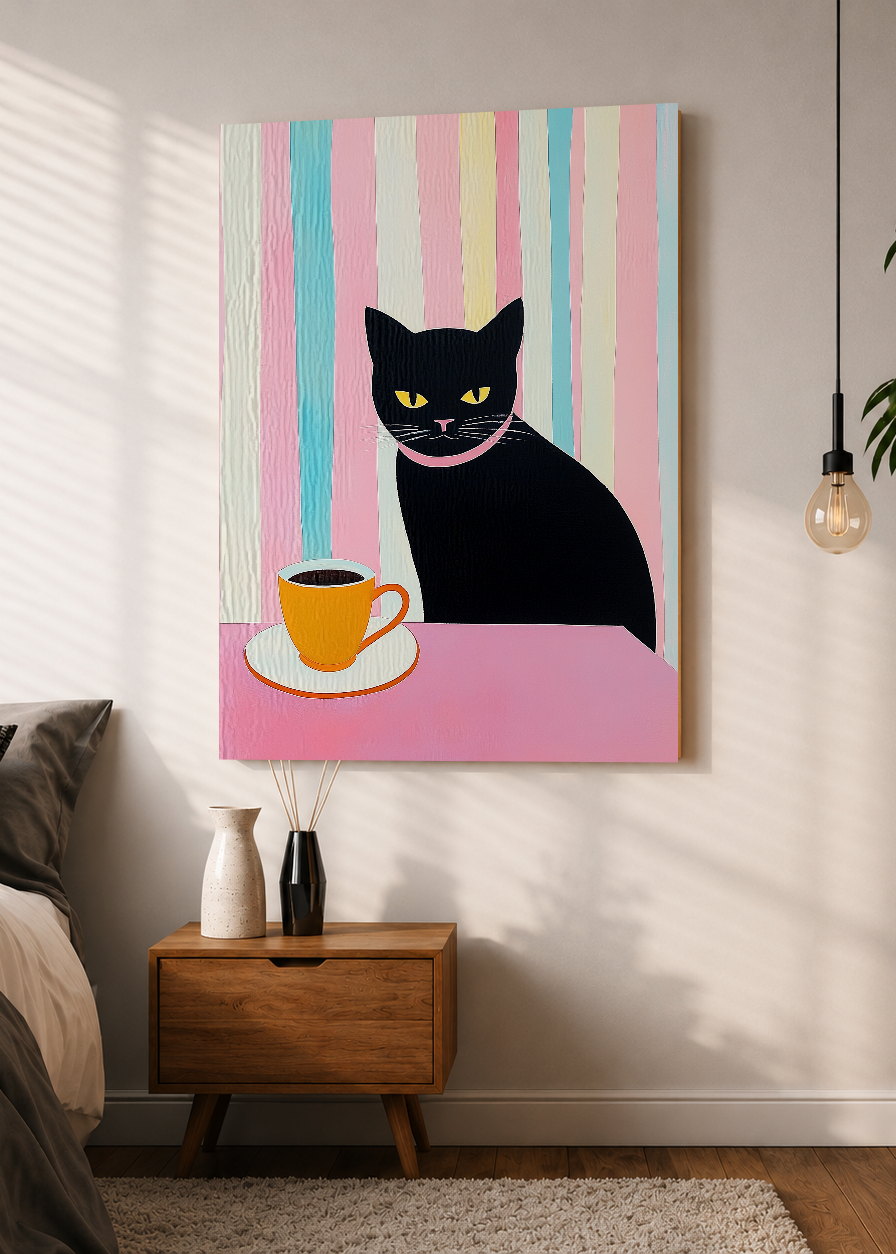 Cuadro Decorativo Mural Sin Marco 5mm - Trendy, Gato Negro Café Rayas Pastel