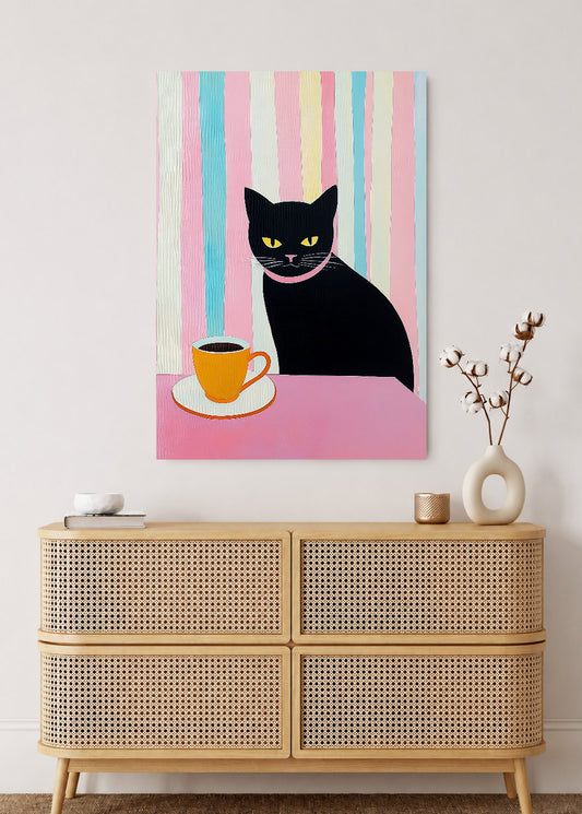 Cuadro Decorativo Mural Sin Marco 5mm - Trendy, Gato Negro Café Rayas Pastel