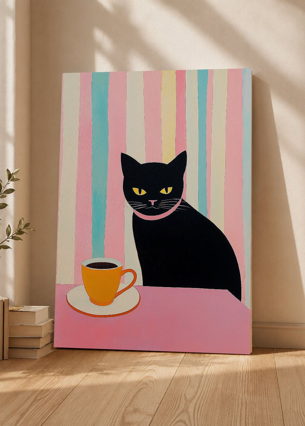 Cuadro Decorativo Mural Sin Marco 5mm - Trendy, Gato Negro Café Rayas Pastel