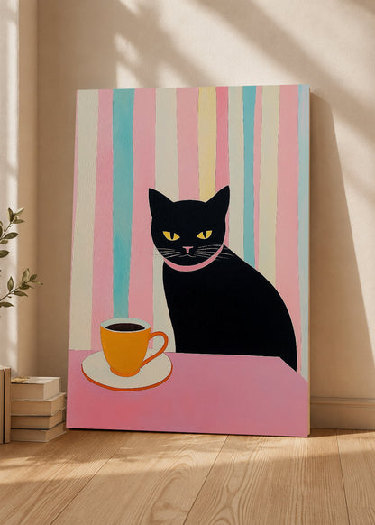Cuadro Decorativo Mural Sin Marco 5mm - Trendy, Gato Negro Café Rayas Pastel
