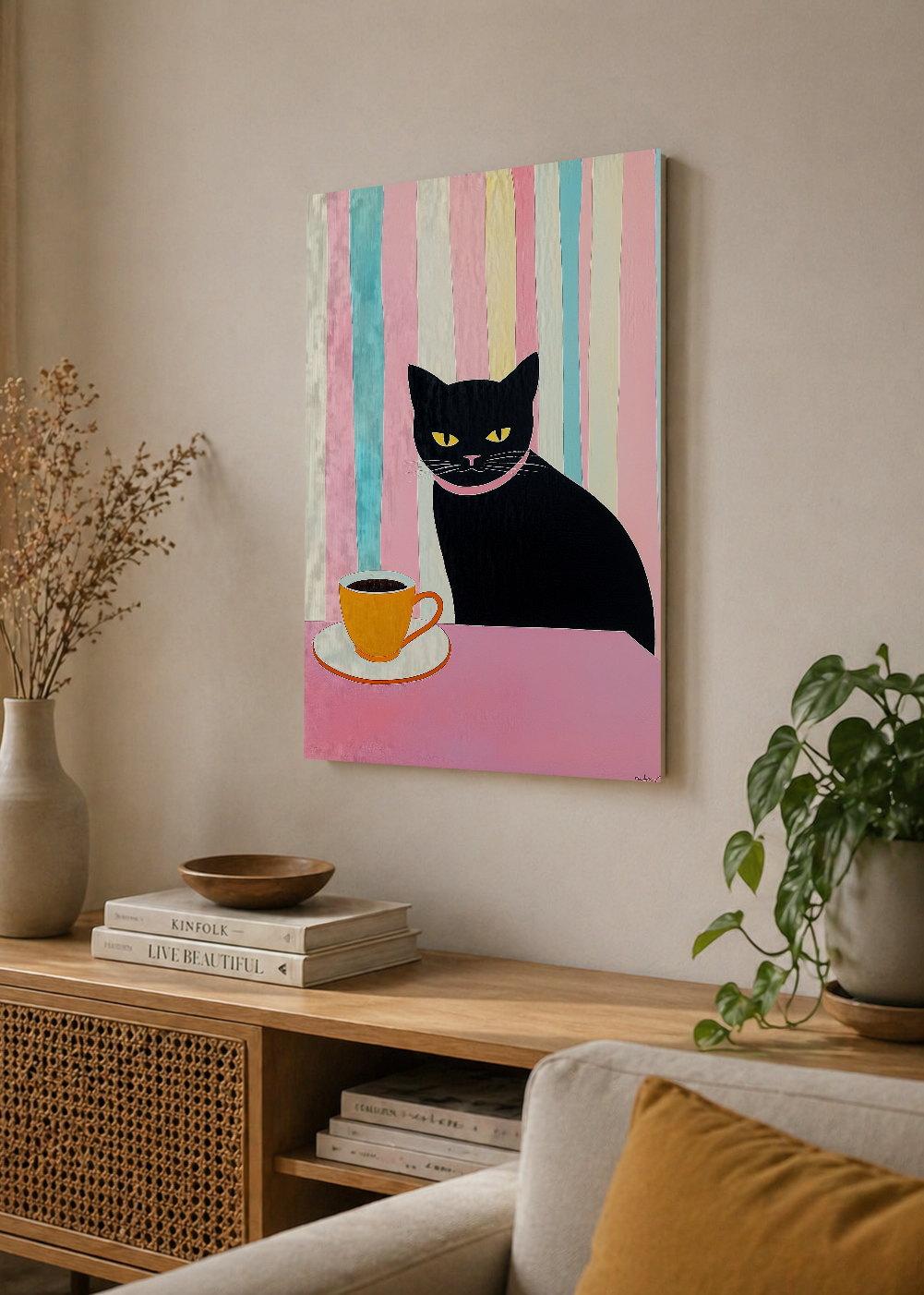 Cuadro Decorativo Mural Sin Marco 5mm - Trendy, Gato Negro Café Rayas Pastel
