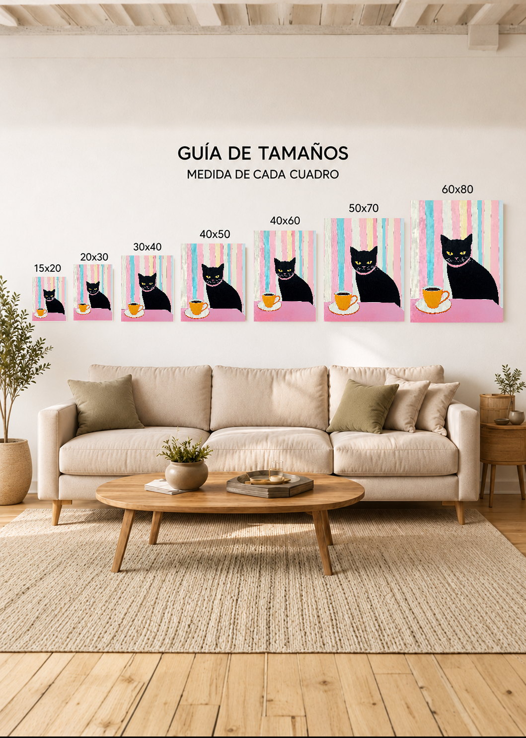 Cuadro Decorativo Mural Sin Marco 5mm - Trendy, Gato Negro Café Rayas Pastel