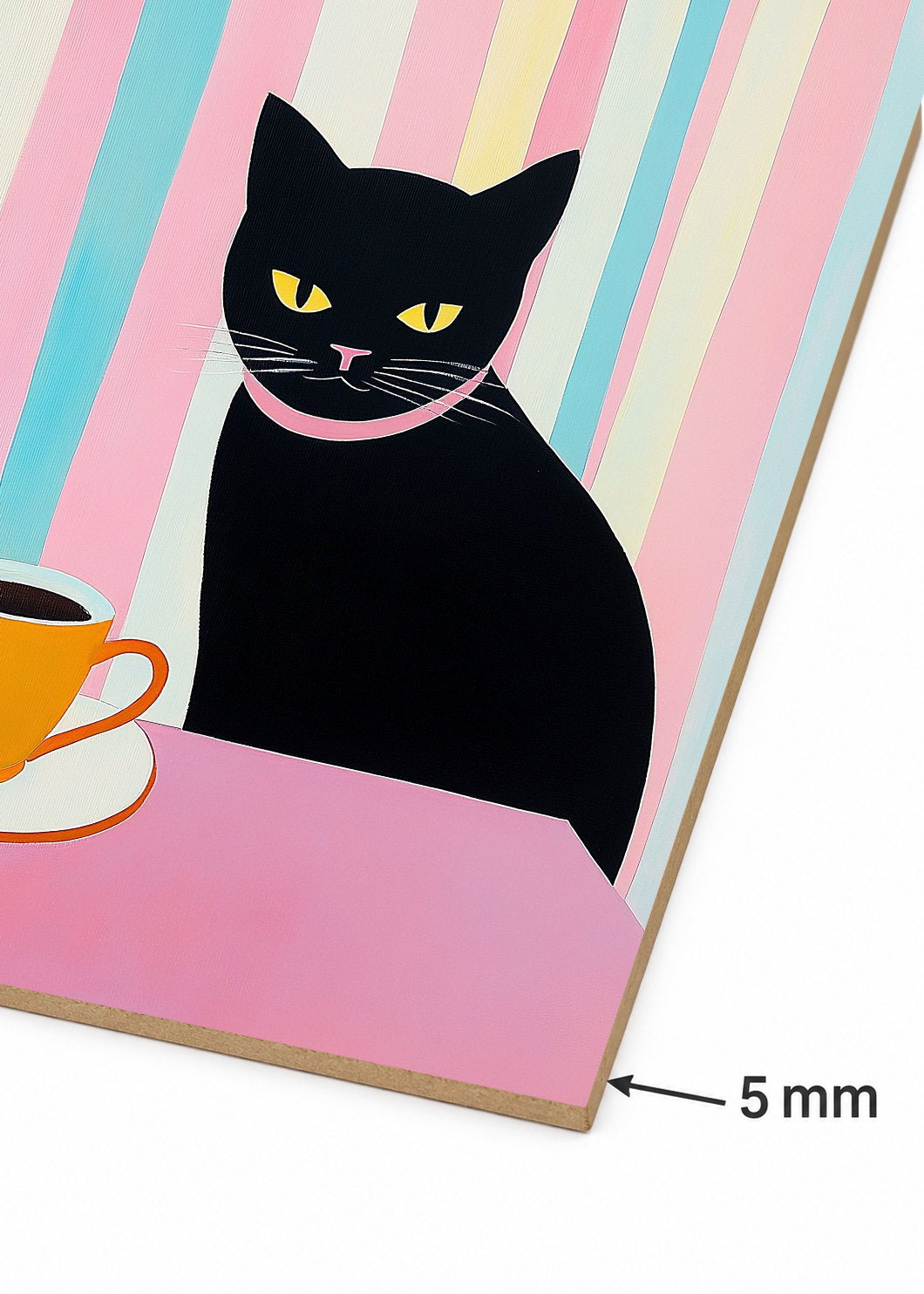 Cuadro Decorativo Mural Sin Marco 5mm - Trendy, Gato Negro Café Rayas Pastel