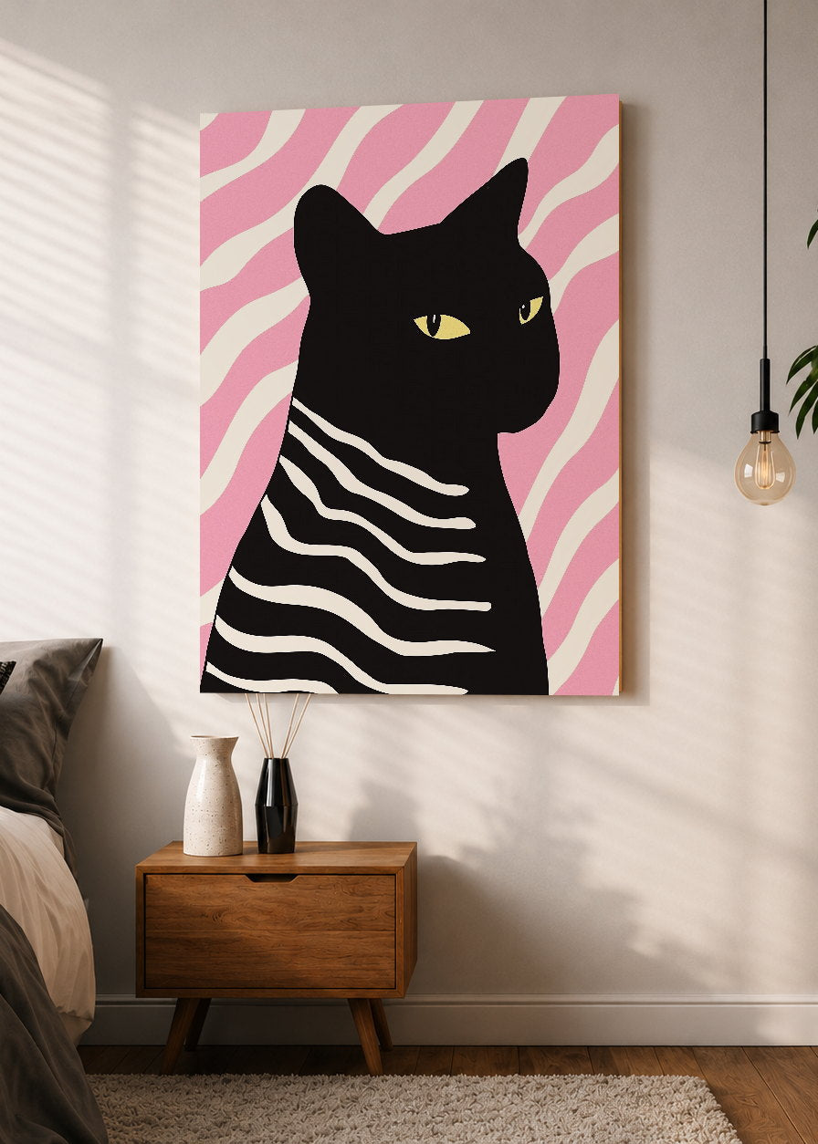 Cuadro Decorativo Mural Sin Marco 5mm - Trendy, Gato Negro Rayas Rosa