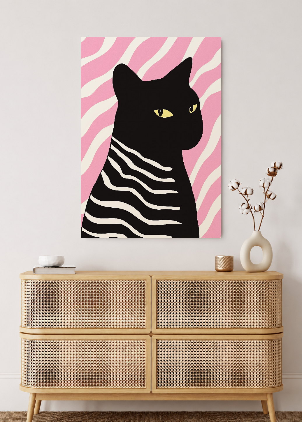 Cuadro Decorativo Mural Sin Marco 5mm - Trendy, Gato Negro Rayas Rosa