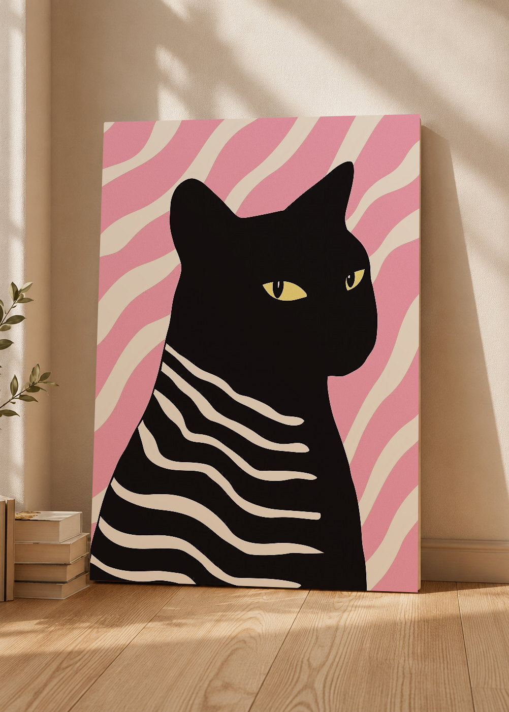 Cuadro Decorativo Mural Sin Marco 5mm - Trendy, Gato Negro Rayas Rosa