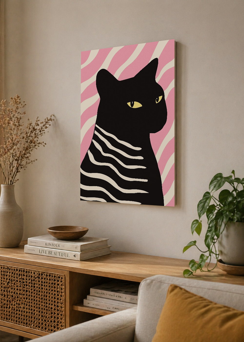 Cuadro Decorativo Mural Sin Marco 5mm - Trendy, Gato Negro Rayas Rosa