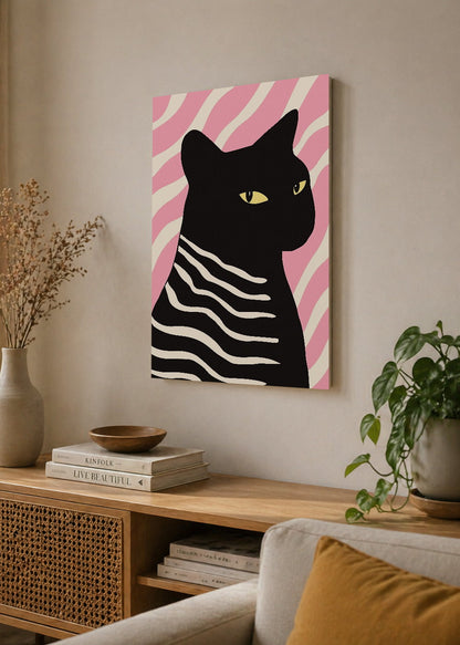 Cuadro Decorativo Mural Sin Marco 5mm - Trendy, Gato Negro Rayas Rosa