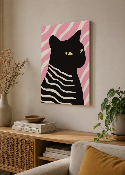 Cuadro Decorativo Mural Sin Marco 5mm - Trendy, Gato Negro Rayas Rosa