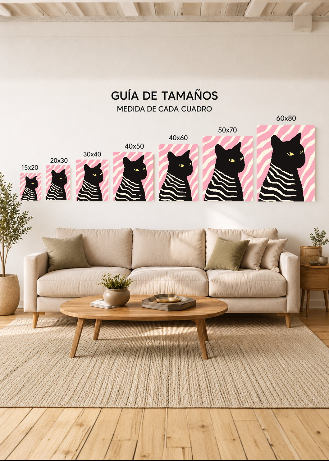 Cuadro Decorativo Mural Sin Marco 5mm - Trendy, Gato Negro Rayas Rosa