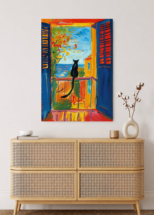 Cuadro Decorativo Mural Sin Marco 5mm - Trendy, Gato Negro Ventana Mar