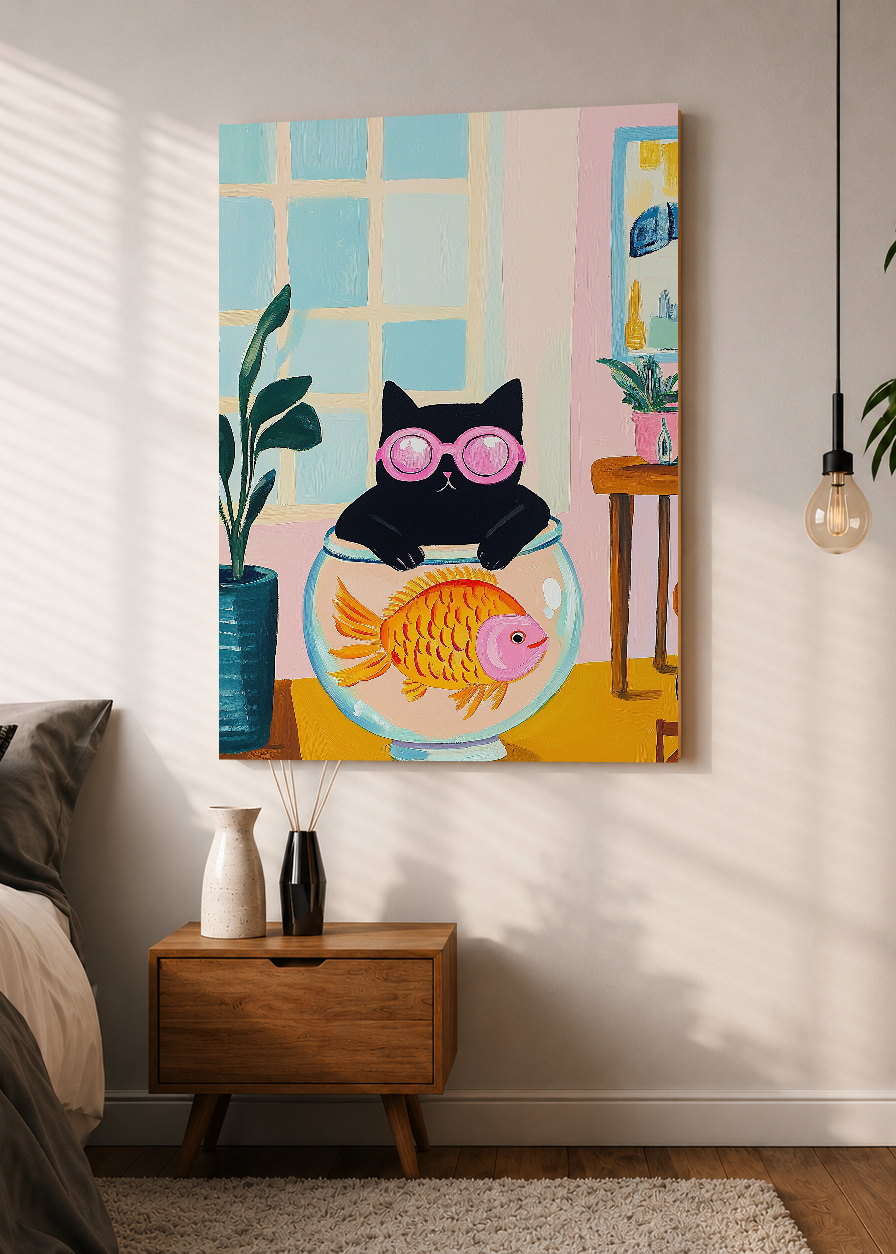 Cuadro Decorativo Mural Sin Marco 5mm - Trendy, Gato Pecera Lentes Rosa