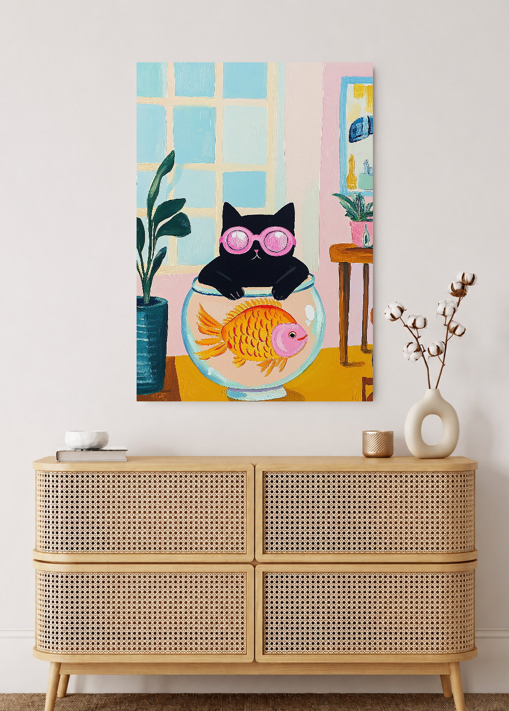 Cuadro Decorativo Mural Sin Marco 5mm - Trendy, Gato Pecera Lentes Rosa