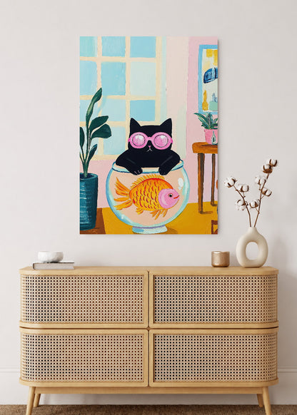 Cuadro Decorativo Mural Sin Marco 5mm - Trendy, Gato Pecera Lentes Rosa