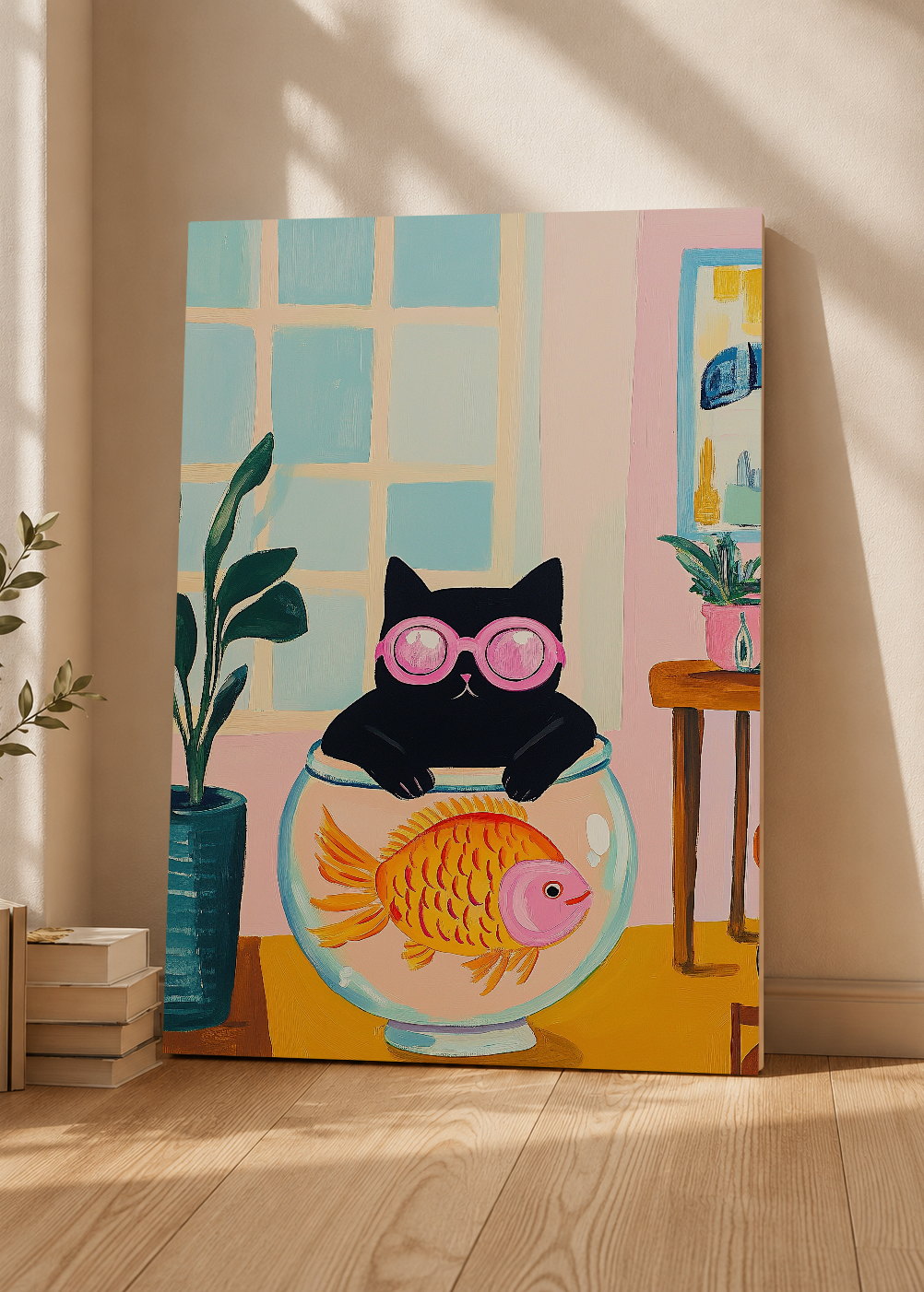 Cuadro Decorativo Mural Sin Marco 5mm - Trendy, Gato Pecera Lentes Rosa