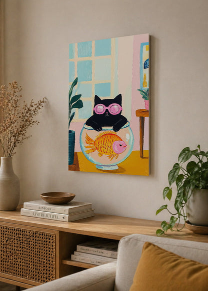 Cuadro Decorativo Mural Sin Marco 5mm - Trendy, Gato Pecera Lentes Rosa