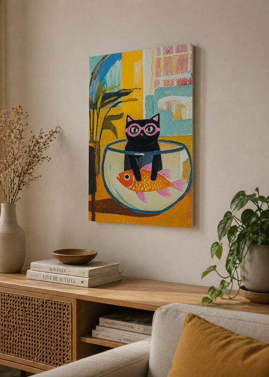 Cuadro Decorativo Mural Sin Marco 5mm - Trendy, Gato Pecera Lentes Violeta